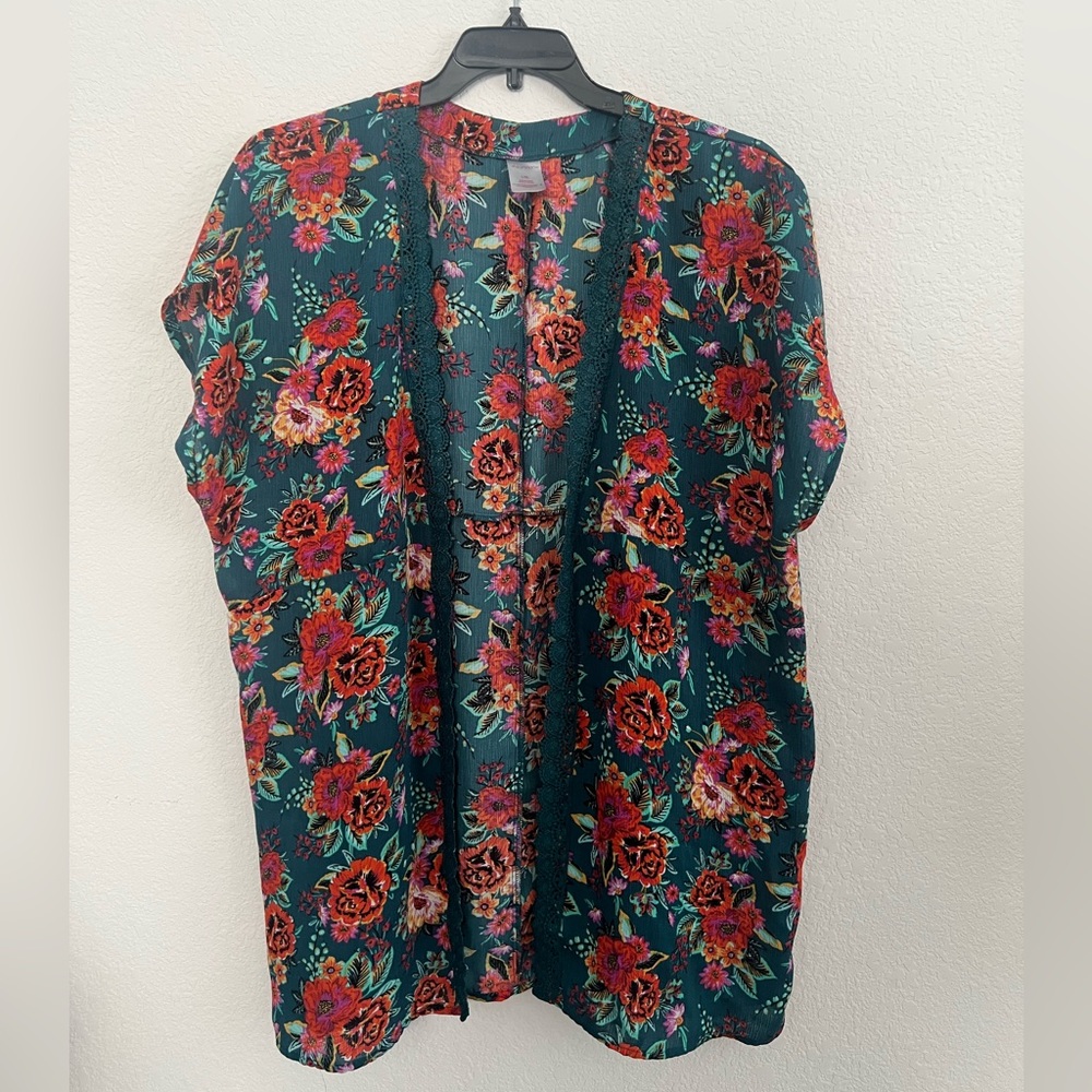 Xhilaration Teal Floral Kimono Open Front Lace Trim L/XL